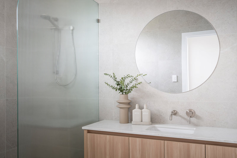 Bathroom shower screen grey tiles Mount Hawthorn Distinct Building Company